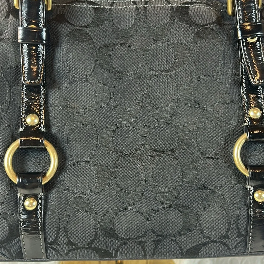Vintage Coach Black Signature Monogram Shoulder Bag Purse Double Strap Jacquard - Picture 3 of 9